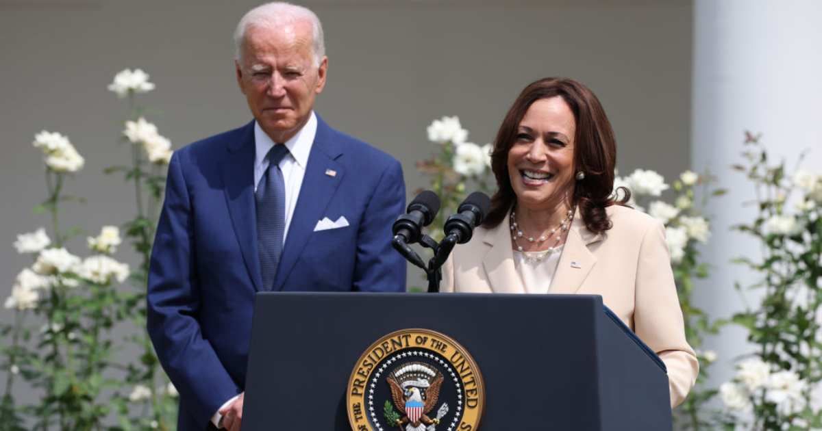 Kamala Harris speaking at a campaign event amid Joe Biden feud speculation.