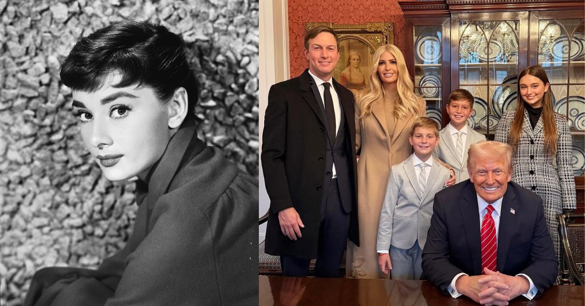 Audrey Hepburn (L) and Donald Trump with daughter Ivanka Trump and family