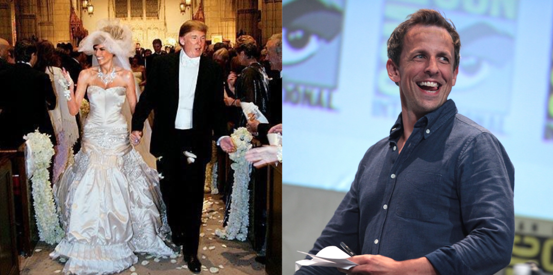 Donald Trump and Melania Trump (L) and Seth Meyers (R).