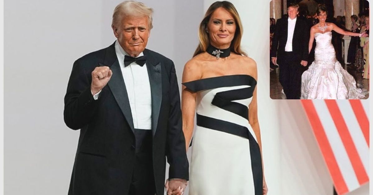 President Donald Trump and First Lady Melania Trump at the 2025 Inaugural Ball (inset) Donald and Melania Trump at their 2005 Wedding