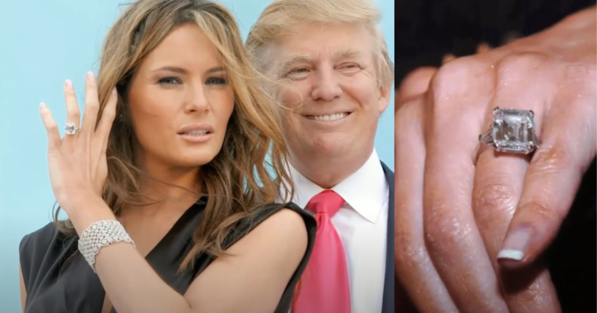 Melania with Donald Trump wearing the engagement ring and a closer view of the ring