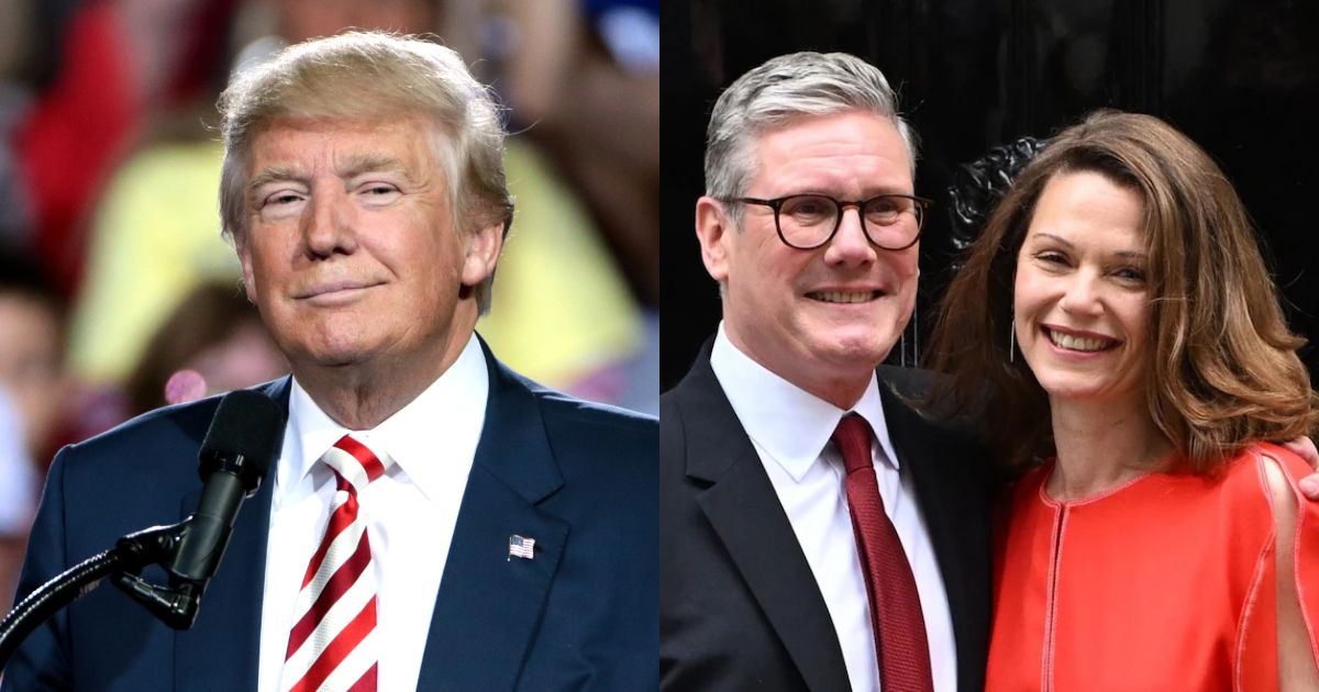 Donald Trump (via Flickr) and Sir Keir Starmer with Victoria Starmer (R) – Lady Starmer, the de facto new 'First Lady', smiled and waved to crowds before entering her new home at No. 10 (Credit: Eddie Mulholland via The Telegraph).