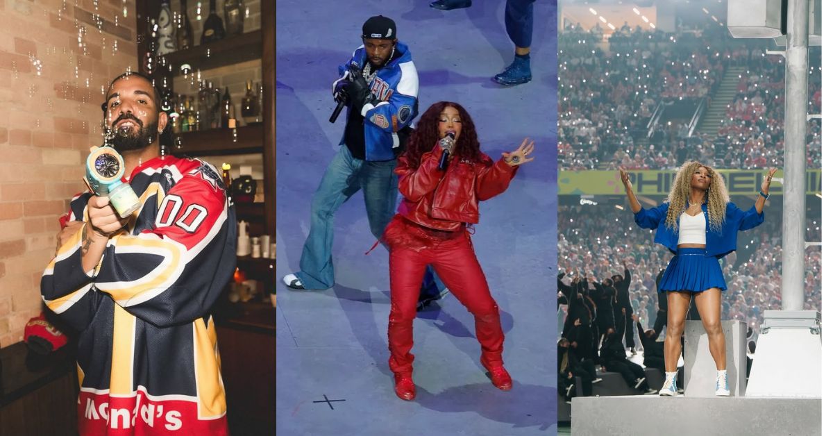 Drake, SZA along with Kendrick Lamar at the Super Bowl Half Time Show, and Serena Williams