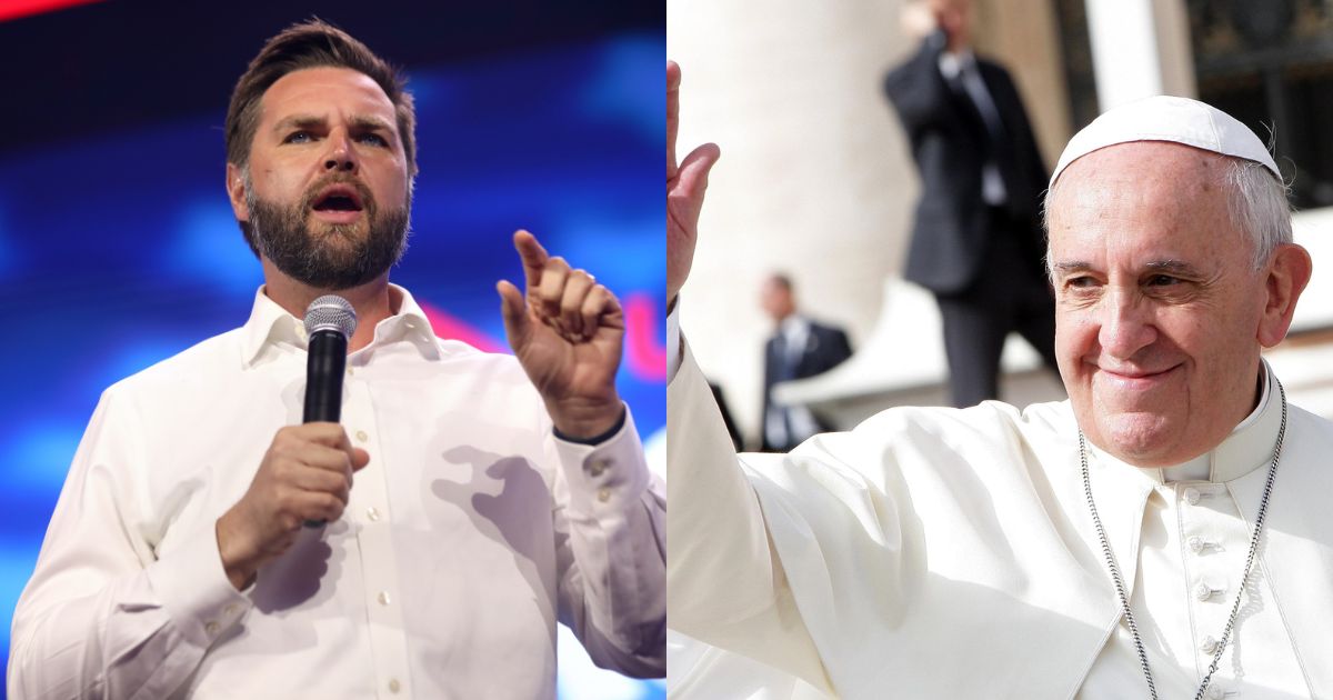 JD Vance speaking at the 2023 Turning Point Action Conference in West Palm Beach, Florida. (Image via Gage Skidmore/Flickr) | Pope Francis during a public appearance. (Image via Long Thiên/Flickr)