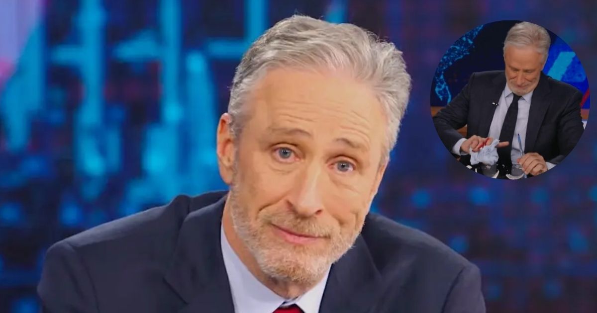 Jon Stewart on The Daily Show Hero Image: Stewart in his Daily Show seat [Credit: Comedy Central] Inset (Circle) Image: Moment of the mug smash [Credit: The Daily Show/X]