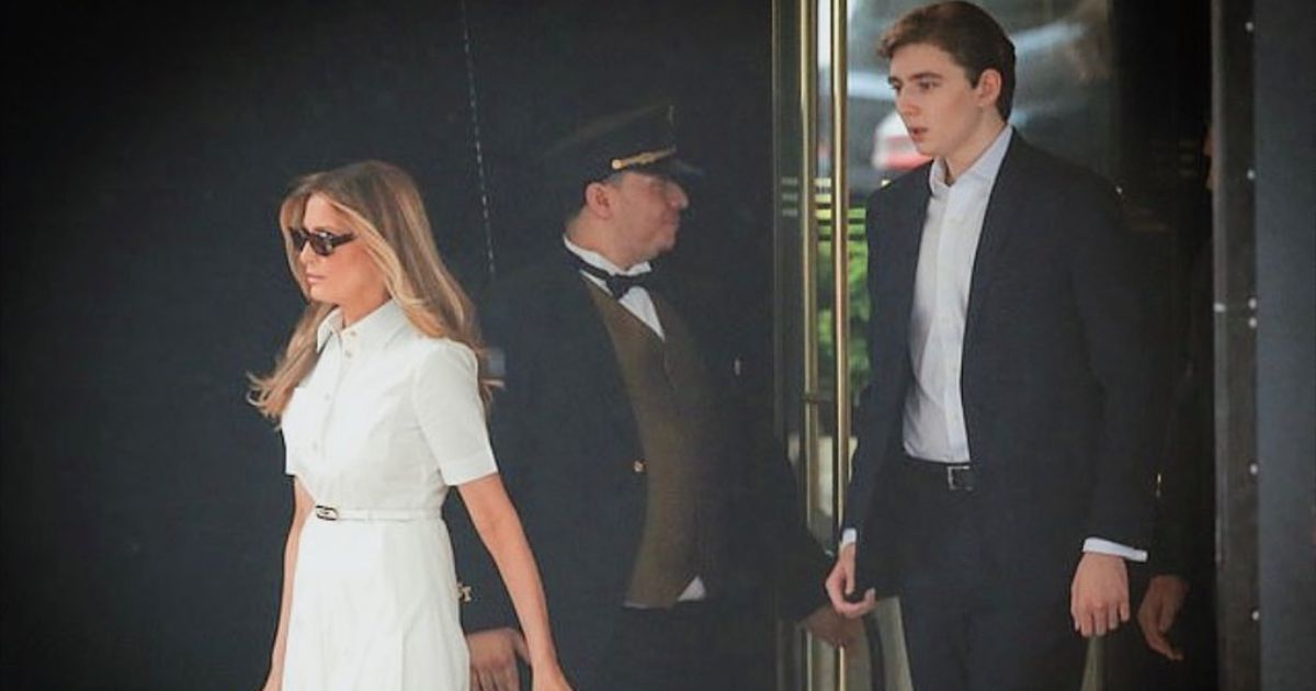 Barron and Melania leaving Trump Tower on Trumps birthday in June 2023