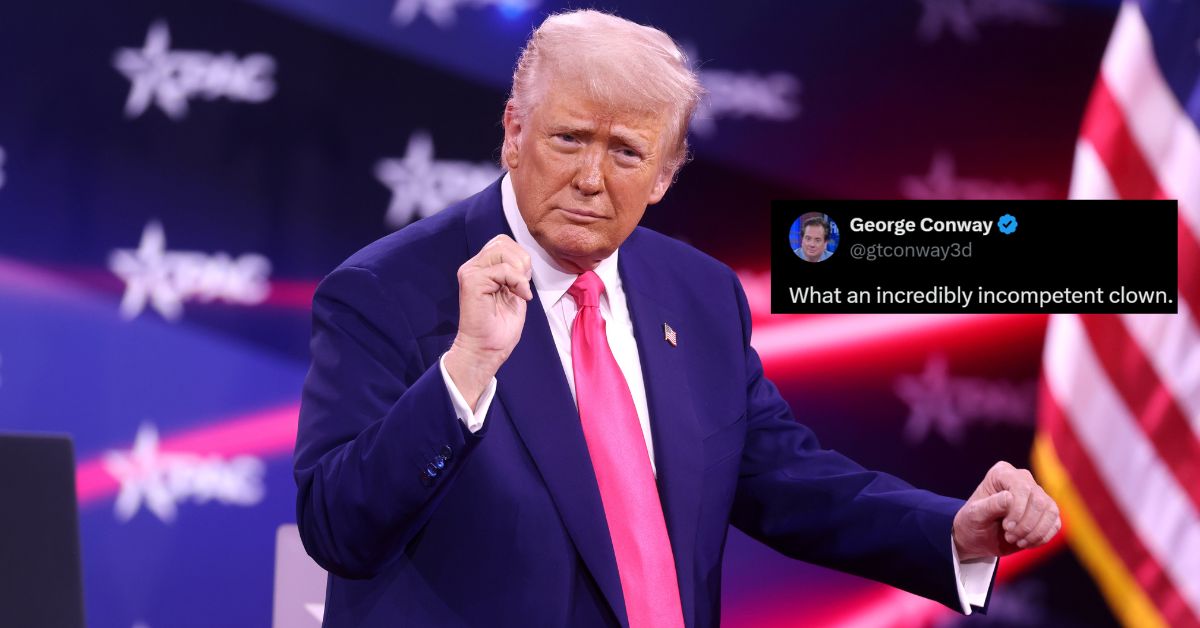 President of the United States Donald Trump speaking at the 2025 Conservative Political Action Conference and (inset) the post calling him an 'incredibly incompetent clown.'