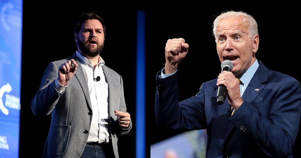 JD Vance speaking at an event (picture by Gage Skidmore via Wikimedia Commons). and Former Vice President Joe Biden speaking at the Presidential Gun Sense Forum in Des Moines, Iowa, on August 10, 2019, (Phtoto by Gage Skidmore via Wikimedia Commons)