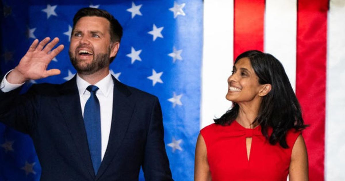 JD Vance and his wife, Usha Vance, on stage at a rally © Stephen Maturen/Getty via MSN