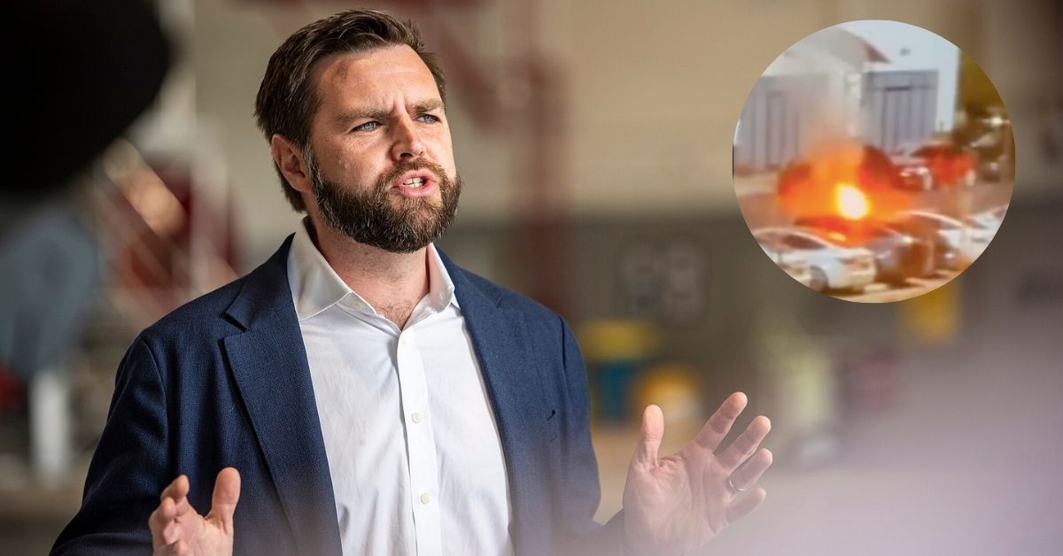 JD Vance visited the 121st Air Refueling Wing May 25, 2023, at Rickenbacker Air National Guard Base, Ohio and (inset) a screengrab of a video of the Las Vegas Tesla attack.