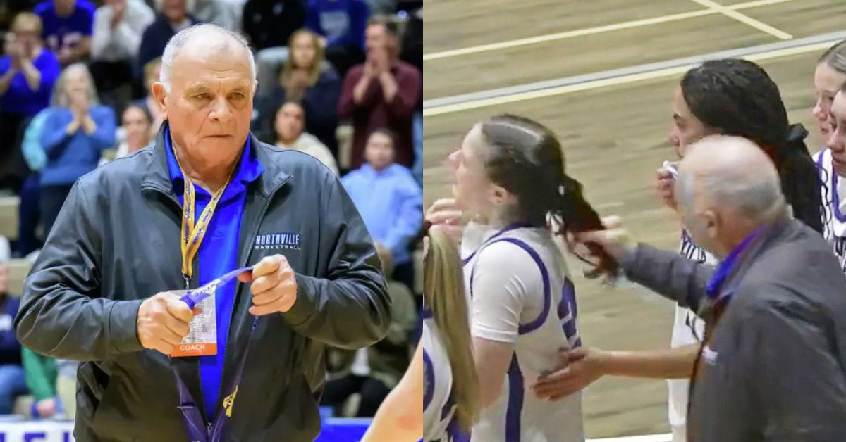 Basketball coach Jim Zullo and a screengrab of him pulling Hailey Monroe's hair.