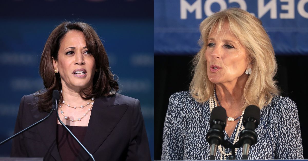 Kamala Harris speaking with attendees at the 2019 California Democratic Party State Convention and Jill Biden speaking with supporters of former Vice President Joe Biden at a community event.
