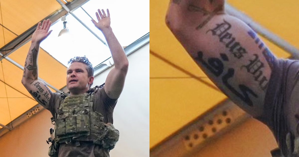 Pete Hegseth in a photo posted to the Secretary of Defense account on X. (Photograph: Secretary of Defense via X) and a closeup of his tattoos (Nardeen Kiswani- via X)