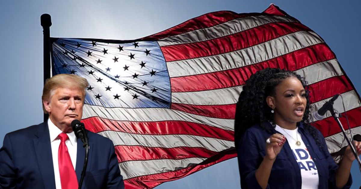 No elections in 2028? - People React to Jasmine Crockett’s Unusual Suggestion Flag of United States from ( Author Jnn13 via Wikimedia Commons) Picture of Jasmine Crockett (Photo by Gage Skidmore via Flickr) and Picture of Donald Trump ( via Wikimedia Commons)