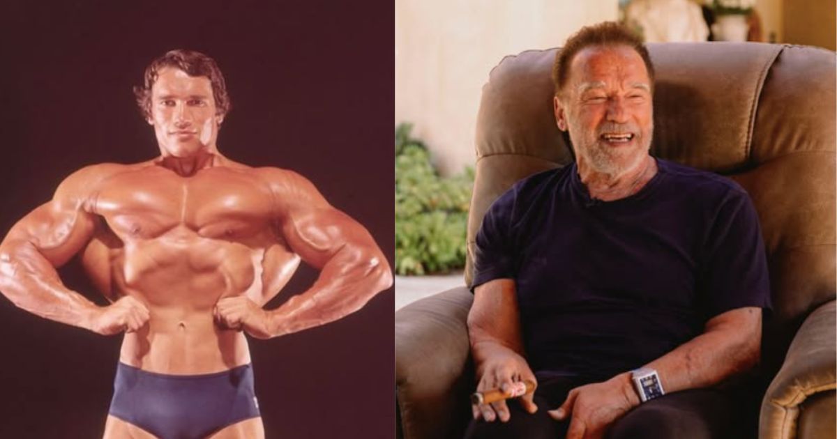 Side-by-side comparison of Arnold Schwarzenegger during his bodybuilding prime (left, @arnoldsports) and at age 77 (right, @schwarzenegger).