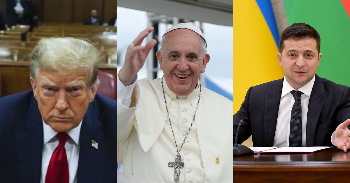 Donald Trump (L) by Gage Skidmore via Flickr, Pope Francis (C) via Republic of Korea on Flickr (2014), and Volodymyr Zelenskyy (R) via The Presidential Office of Ukraine on Wikimedia Commons.