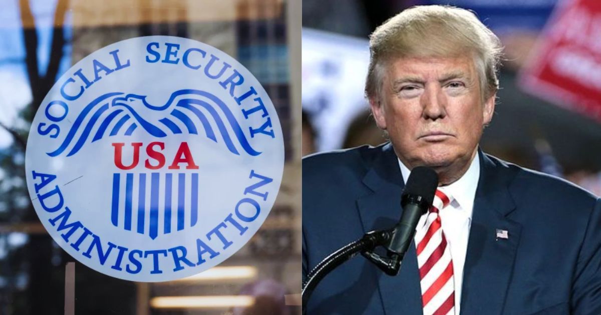 Social Security Administration logo (Photo by Timothy Valentine, March 8, 2019—via Flickr) and Donald Trump—Photo by Gage Skidmore-—via Flickr.