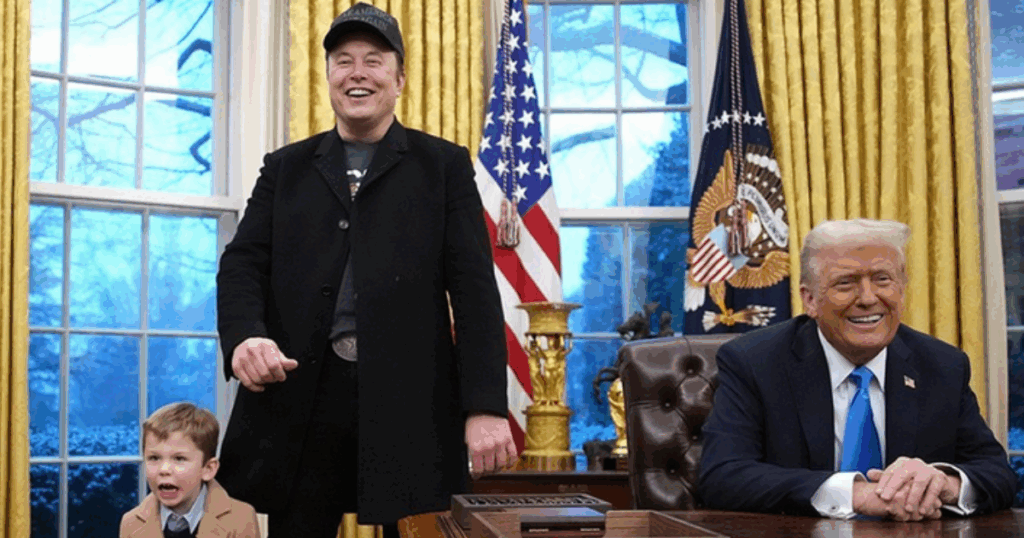 Elon Musk with his son X and Donald Trump