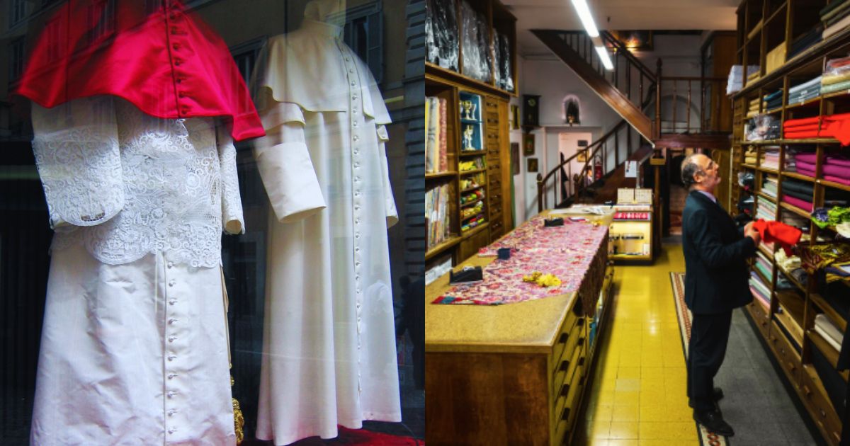 The Pope's robe (left), uploaded by Anthony Majanlahti in 2005 via Flickr, alongside a glimpse of the Gammarelli tailors in Rome (left), shared on Instagram by @iandrej.