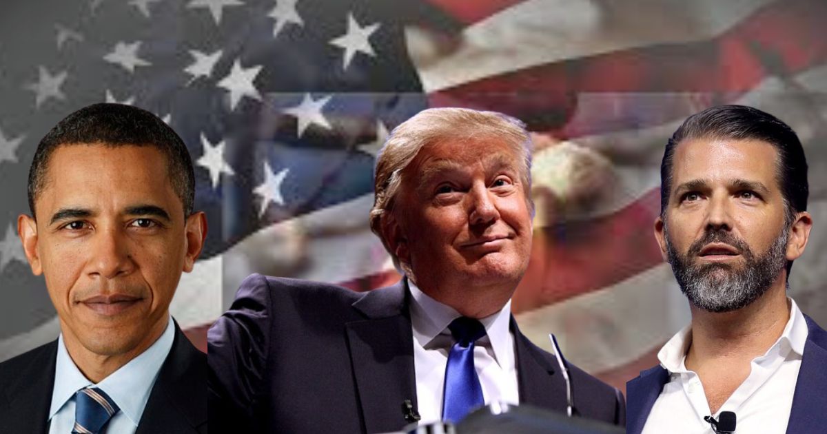 A collage featuring former President Barack Obama (photo by Dave Rochelson via Wikimedia Commons), President Donald Trump (photo by Gage Skidmore via Flickr), and Donald Trump Jr. (photo by Gage Skidmore via Flickr), all set against a backdrop of the American flag (image by Dennis Becht via Flickr).