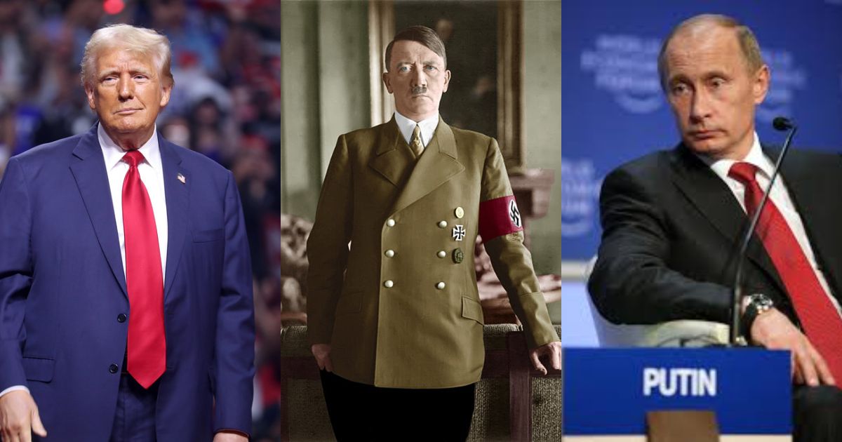 Photographs of three political figures discussed in a psychological study on narcissistic leadership: (Left) Donald Trump, image by Gage Skidmore via Flickr; (Center) Adolf Hitler, photo by Heinrich Hoffmann via Flickr; (Right) Vladimir Putin, image by the World Economic Forum via Flickr.