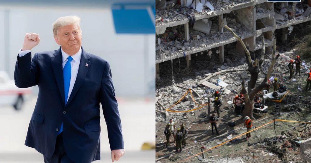 Left: Donald Trump (image via Rawpixel) and left: aftermath of the strike in Iran ( @cnnnews18|Instagram)
