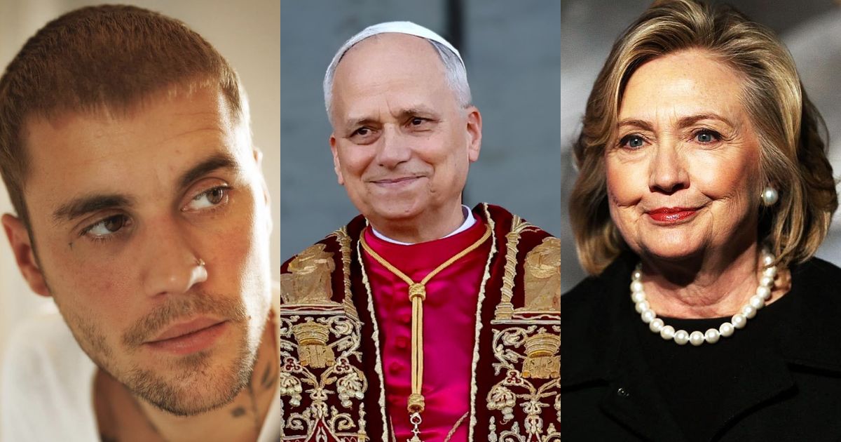 Collage of Pope Leo XIV, Justin Bieber, and Hillary Clinton