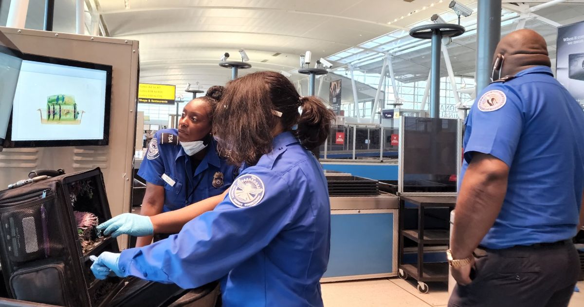 TSA officer checks passenger belongings at airport security screening area.