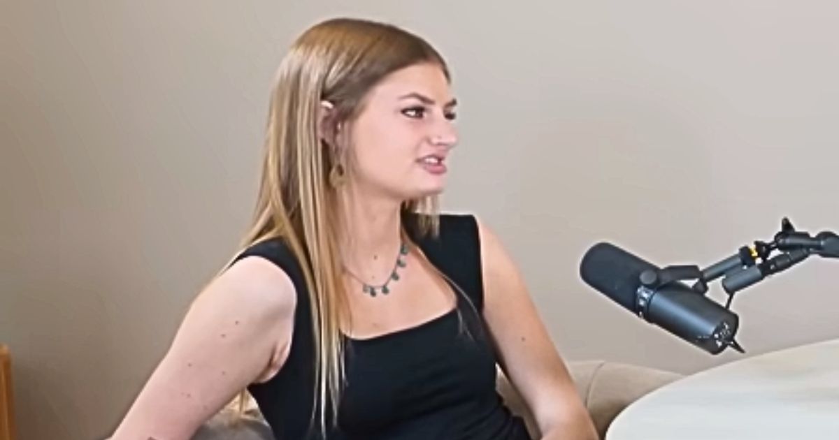 Courtney Tamagny speaking into a podcast microphone, detailing abuse allegations