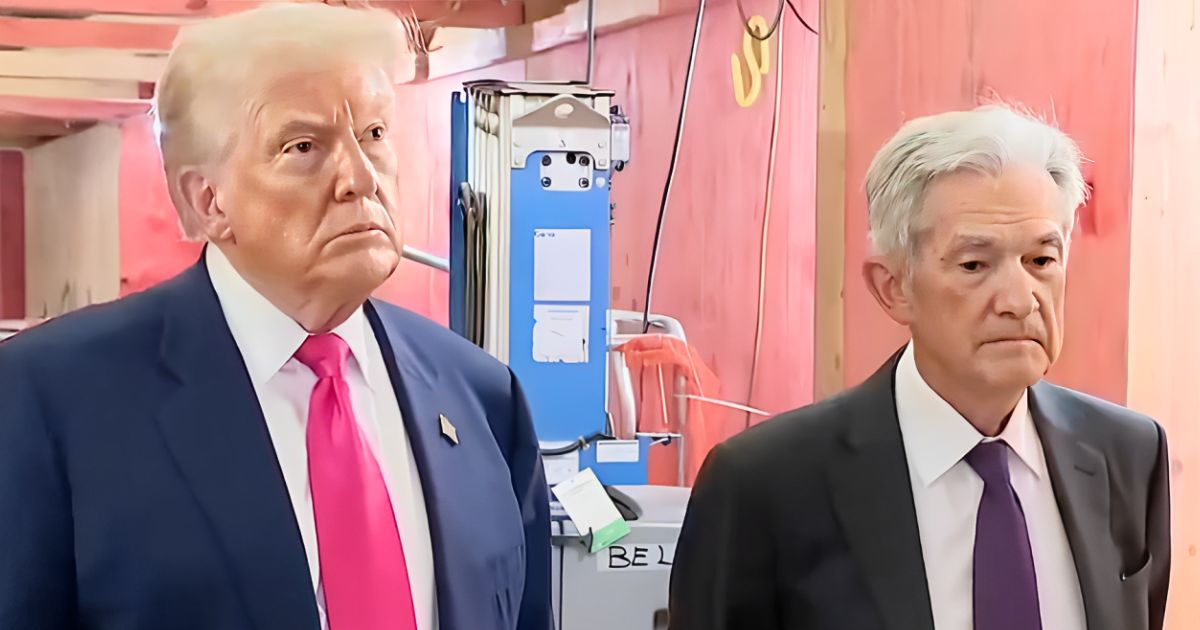 Donald Trump and Jerome Powell exchanging tense body language during Fed visit.
