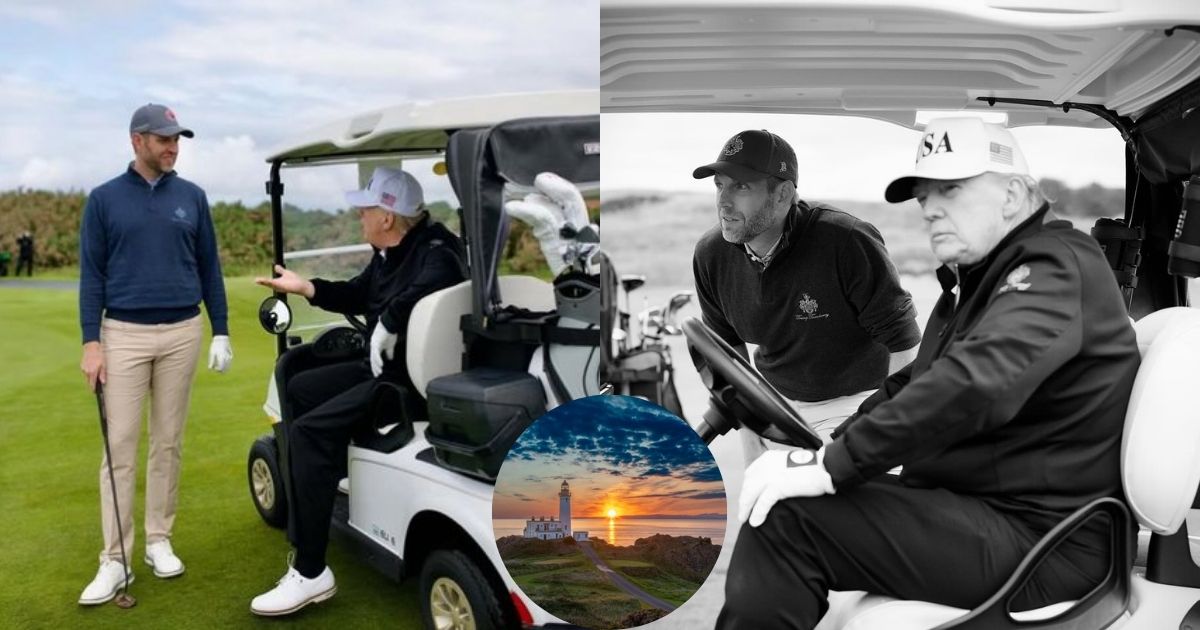 Donald Trump and Eric Trump at the golf course in Aberdeenshire. (Left: @MichaelDeLauzon | X, Right: @KUWTTRUMPS | X, Inset photo: @RyanCaven1 | X)