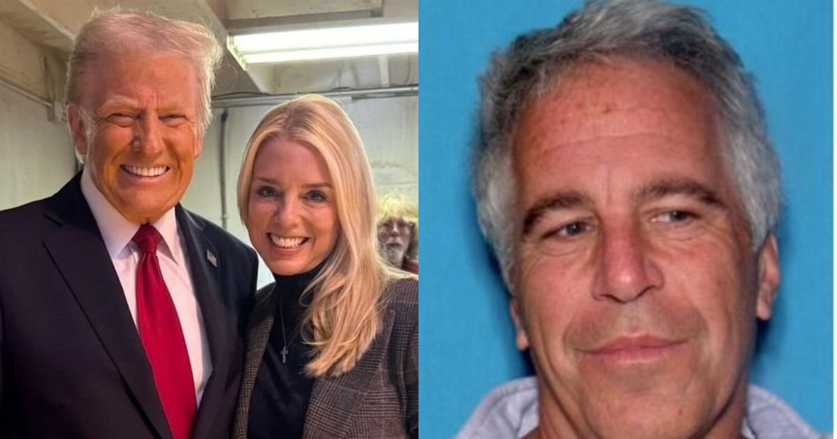 Donald Trump and Pam Bondi and Jeffrey Epstein ( left- @HANKonX|X.com and right-@AliAdair22|X.com).