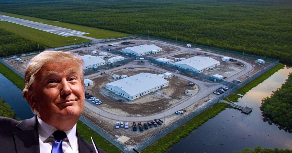 Donald Trump's $450 million prison facility, nicknamed Alligator Alcatraz ( picture of the facility from @catturd2- via X.com) and Donald Trump's picture from Flickr.