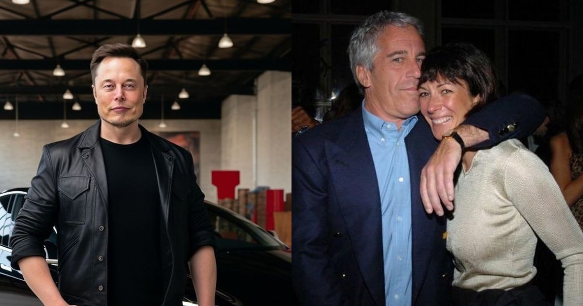 Elon Musk and Ghislaine Maxwell with Jeffrey Epstein (left- @ELonMuskNewssX|X.com) and ( right- @GlobeEyeNews|X.com).