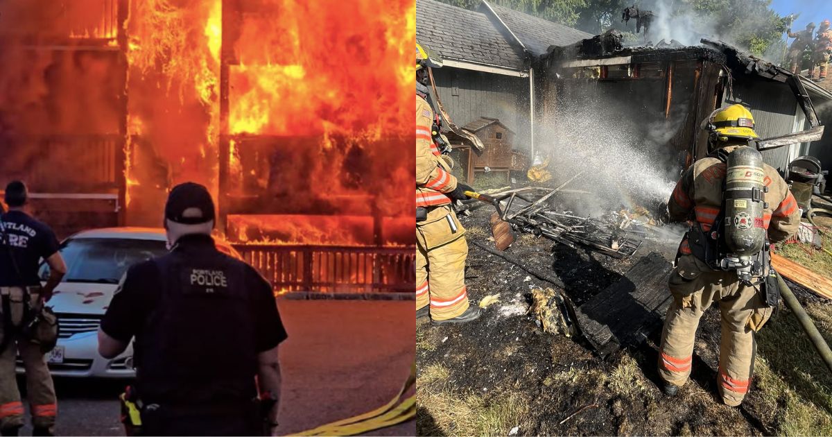 Images of the massive fire in an apartment in Portland. ( left- via @pdxfirerescue|Instagram) and (right- @PDXFire|X.com).