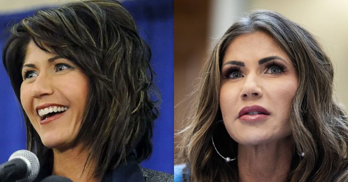 Side-by-side comparison of Kristi Noem before and after her alleged cosmetic procedures and heavy makeup. Left image (shared by @RussOnPolitics on X) and right image (shared by @PaulRudnickNY on X).
