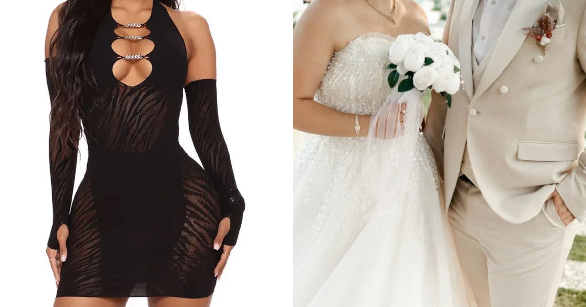 The alleged Fashion Nova dress (L) that the bride (representative image, R) says the guest wore to her wedding