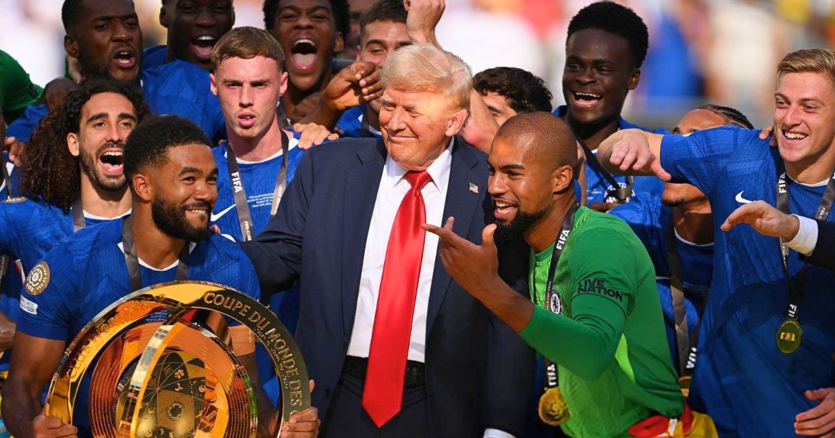 Donald Trump standing beside Chelsea players at FIFA Club World Cup trophy celebration