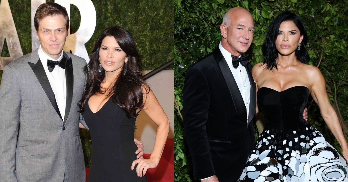 Lauren Sánchez with ex-husband Patrick Whitesell and current partner Jeff Bezos. (Image credits: @DavidCranmerUn1 on X for the Whitesell photo; @ViQueenie on X for the Bezos photo.)
