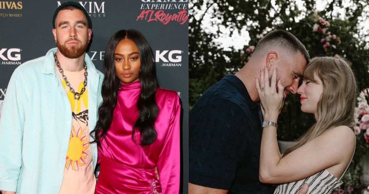 ChatGPT said: Travis Kelce pictured with ex Kayla Nicole (R) and fiancée Taylor Swift (L) – via @RashticReport & @PopBase | X.