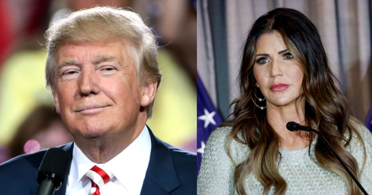 Donald Trump and Kristi Noem ( left- picture by Gage Skidmore via Flickr) and (right-@PaulRudnickNY|X).