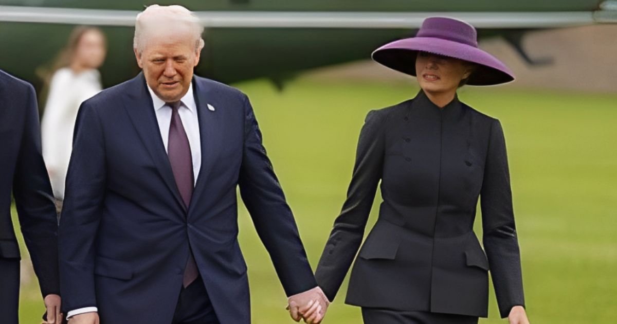 Donald and Melania Trump holding hands at Windsor Castle during UK visit.