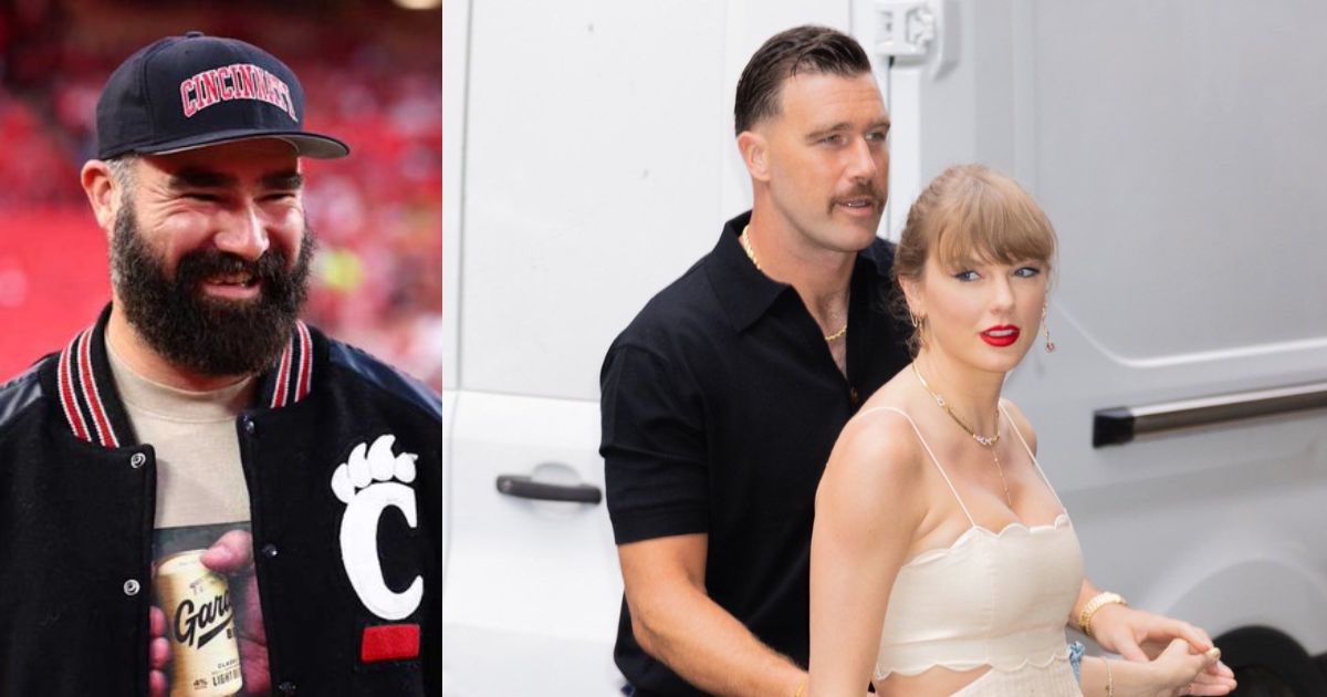 Jason Kelce (L) – @Daily_Chiefs | X, and Travis Kelce with Taylor Swift (R) – @tswifterastour | X.