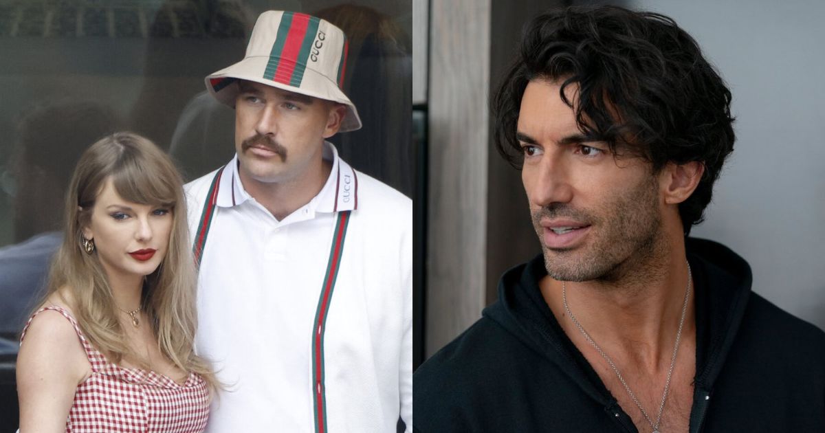 Taylor Swift and Travis Kelce (L), Justin Baldoni (R)