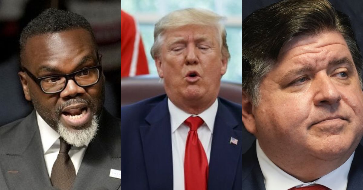 Brandon Johnson, (@EricLDaugh|X.com) Donald Trump (@RedEagleUpdates|X.com) and JB Pritzker (@EricLDaugh|X.com).