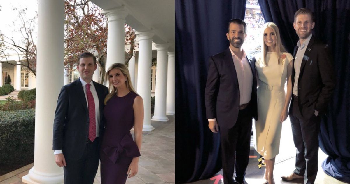 (L) Eric Trump and Ivanka Trump. (R) From left: Donald Trump Jr., Ivanka Trump, and Eric Trump. Source: @EricTrump via X.com