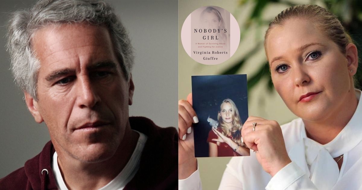 Jeffrey Epstein and Virginia Giuffre ( left-@MarioNawfal|X.com) and ( right- via.heute.at). ( picture of the book from: (@Fly_Sistah|X.com).