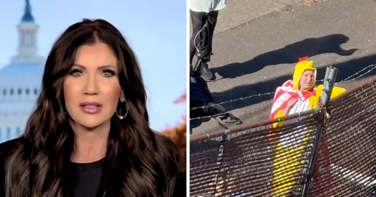 Kristi Noem (Image via Fox News) and a protester in chicken suit (Image via X/@bennyjohnson)